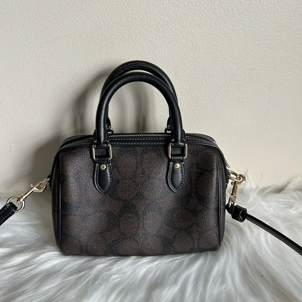 Coach Mini Rowan Brown Black‎ Signature Canvas Leather Satchel Bag Excellent